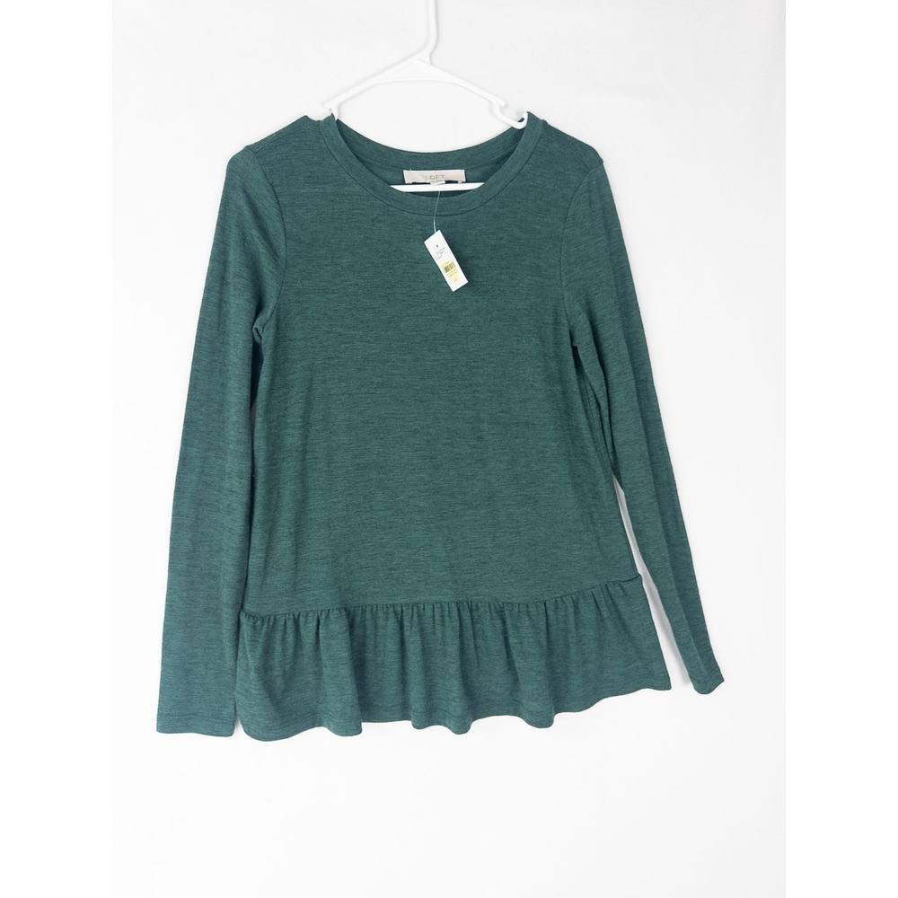 NWT Loft Sweater Womens XS Green Pullover‎ Ruffle Solid Minimalist Long Sleeve
